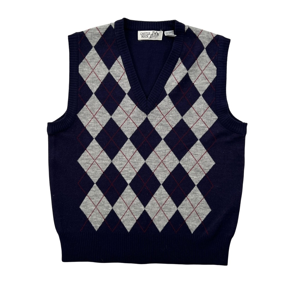 Vintage 90s Castle Rock Sweater Vest Mens M Navy Argyle V-Neck Knit Academia Ivy